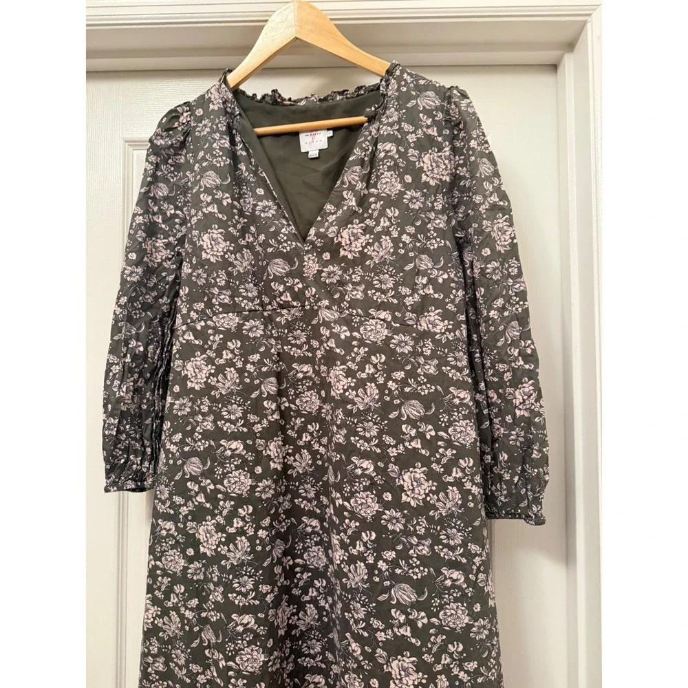 The Nines by Hatch Midi Dress Women Small Olive Green Floral V-Neck Tiered Boho